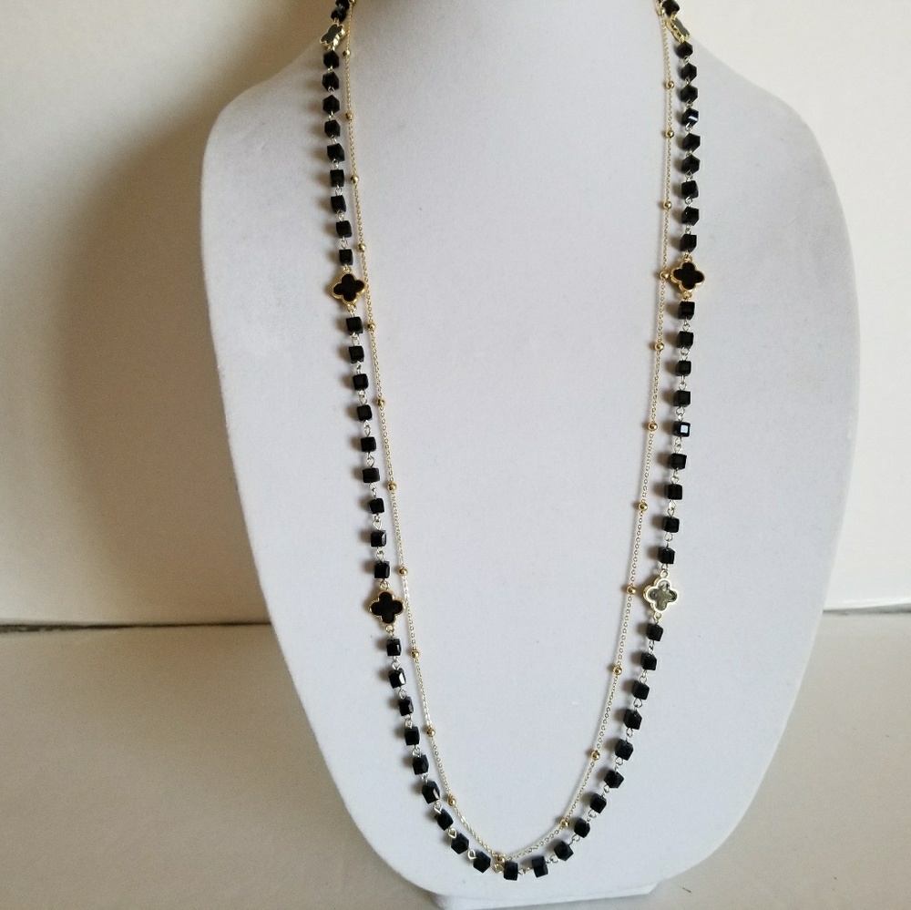 Women gold necklace,double chain, black enamel clo
